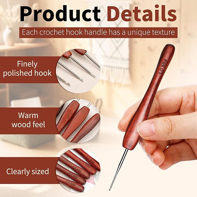 1.0 mm Crochet Hook, Available in 0.5 mm- 3 mm, Ergonomic Hand-Polished Wooden Handle Crochet Hook for Arthritic Hands, for Beginners, and Crocheting Yarn (2Pcs)