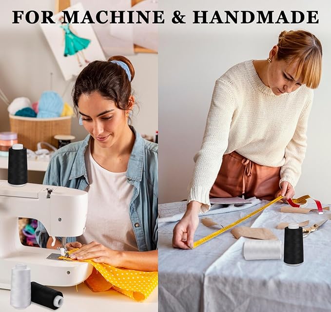 Serger Thread 4 Cones 3000 Yards Each Spool All Purpose Polyester Thread 40S/2 for Sewing, Serger, Overlock, Quilting, Piecing - Black+White