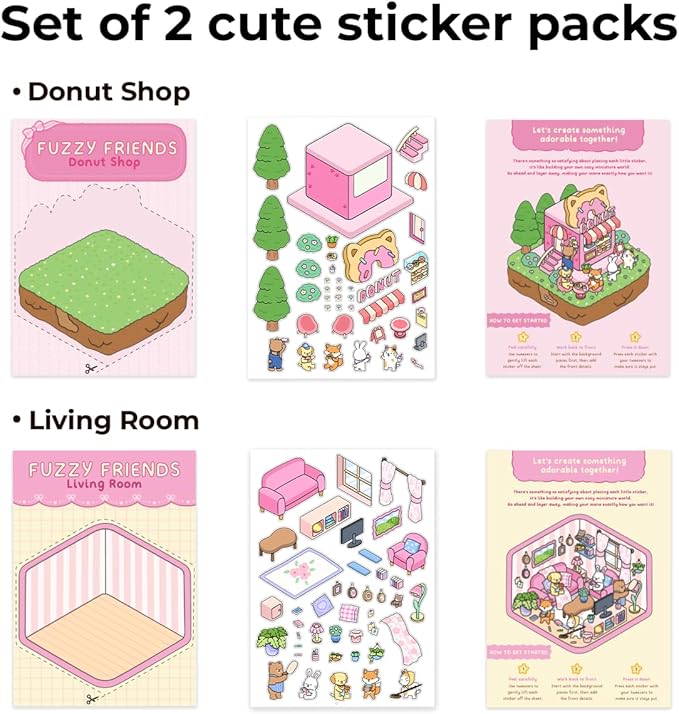 Fuzzy Friends Coloring Book with 2 Sets of Miniature Sticker Scenes for Adults & Teens