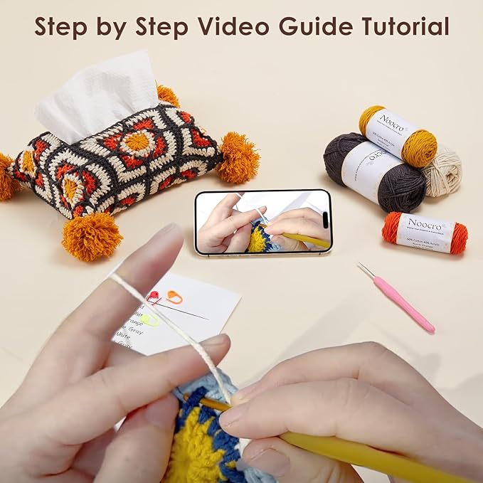 Noocro Crochet Kit Granny Square Tissue Holder, Complete DIY Kit with Detailed Instructions, Video Tutorials, for Beginners or Intermediate and Advanced Crocheters