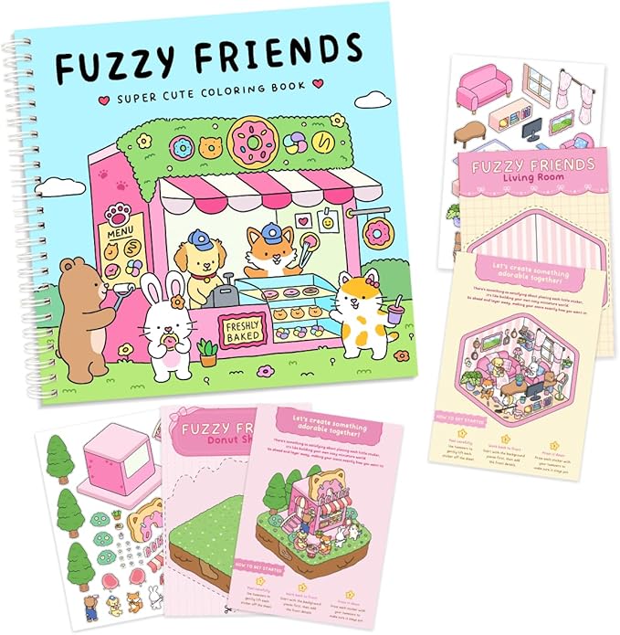 Fuzzy Friends Coloring Book with 2 Sets of Miniature Sticker Scenes for Adults & Teens