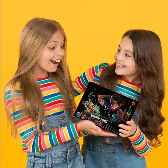 Georgie Porgy Scratch Paper Art Set for Kids Adults Magic Rainbow Scratchboards for DIY Arts and Crafts Kits Christmas Birthday Gift with Scratching Tools Kit (A4-Noctilucent Butterfly + Peacock)