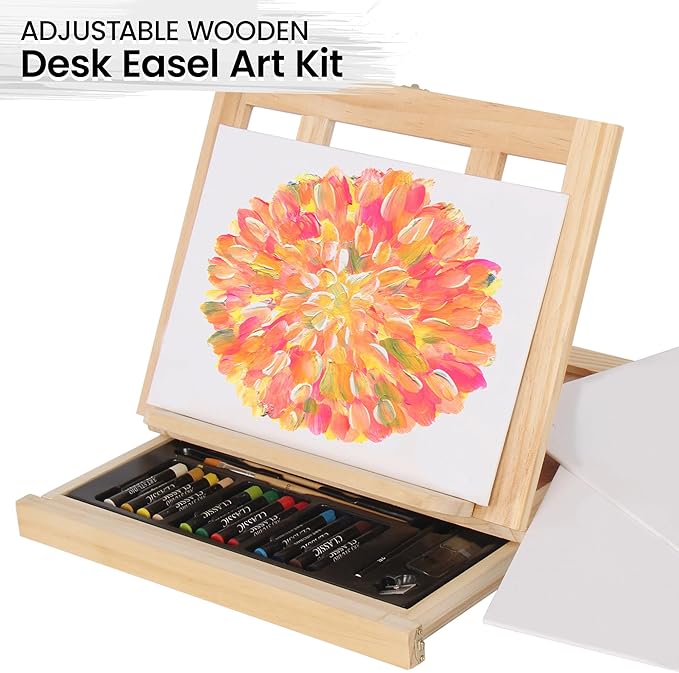 Artistik Mixed Media Easel Art Set – 34-Pc Wooden Desktop Easel Box Paint Set with Acrylic Paints, 3 Canvas Boards & Oil Pastels – Beginners & Artists Painting Kit