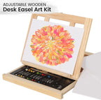 Artistik Mixed Media Easel Art Set – 34-Pc Wooden Desktop Easel Box Paint Set with Acrylic Paints, 3 Canvas Boards & Oil Pastels – Beginners & Artists Painting Kit