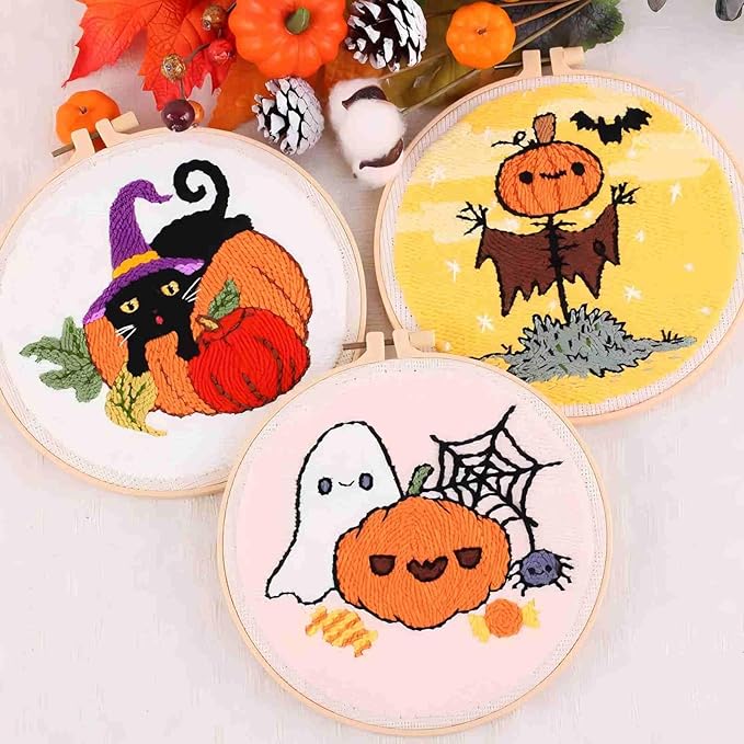 DCCQ Punch Needle Kits Adults Beginner，Cute Cartoon Pumpkin and Black Cat Pattern with Hoop Embroidery Punch Needle Starter Craft Set Easy for Adults，Children and Halloween Gifts，Decoration