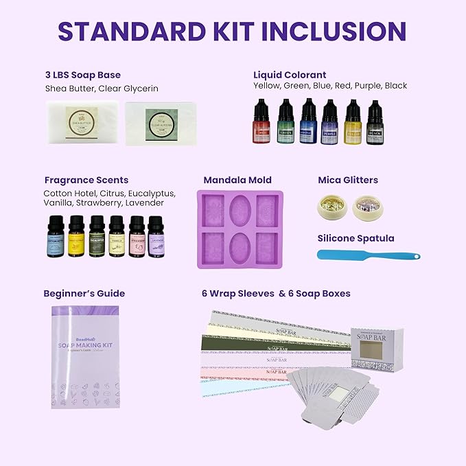 Soap Making Kit for Beginners | 3LBS Melt & Pour Soap Base - Shea Butter & Clear Glycerin, Silicone Soap Molds, Scent Fragrances, Colors, Soap Making Tools & Supplies, Adults DIY Soap Kit (Standard)
