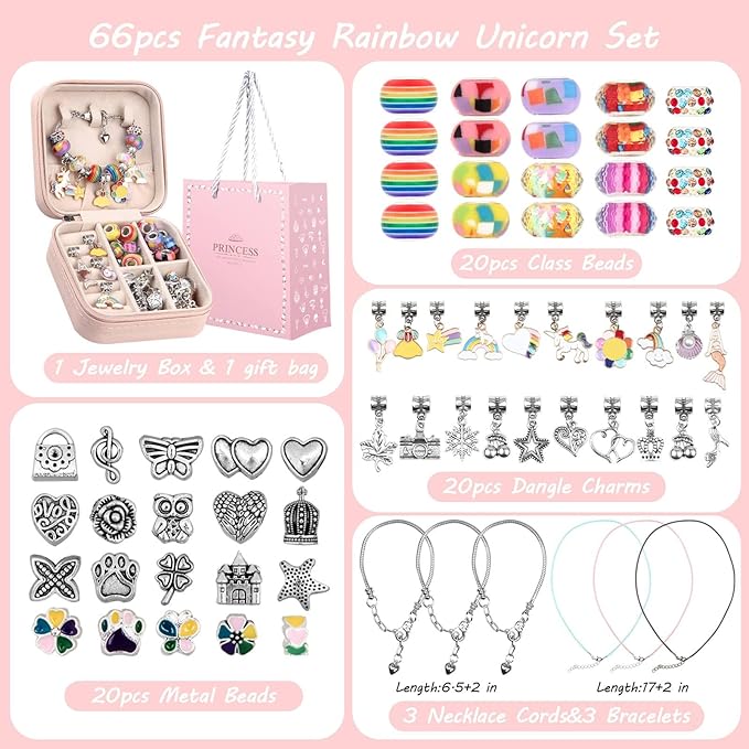 UFU Charm Bracelet Making Kit Girls Beads for Jewelry Making Kit, Unicorns Arts Crafts Gifts Set for Teen Girls Age 5 6 7 8-12, with a Portable Bracelet Organizer Box
