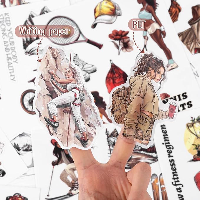 Dizdkizd Sport Themed Scrapbooking Journaling Stickers for Adults, 196 Die-Cut PET and Paper Sticker Book for Bullet Journal, Collage, Colored Girls Fitness Planner Stickers Kit