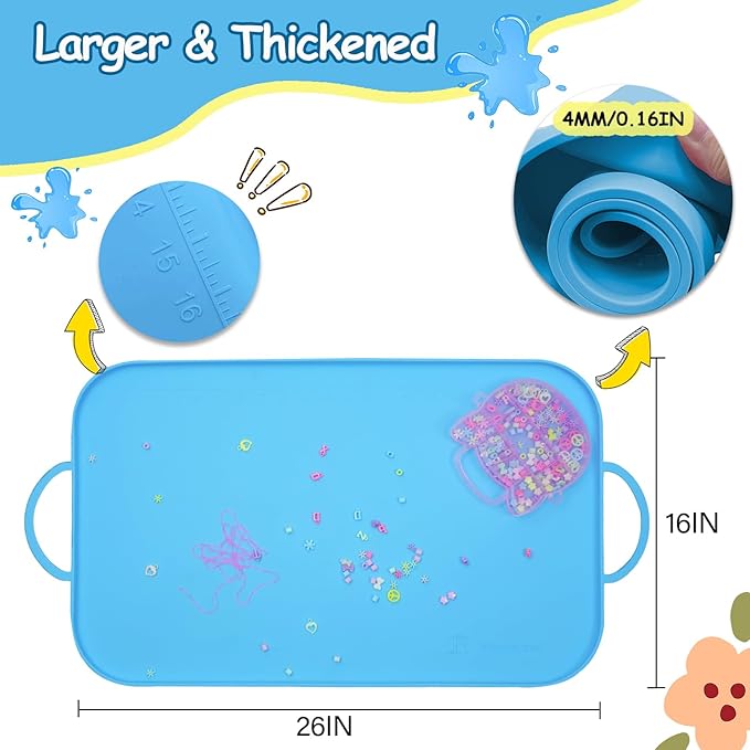 Silicone Painting Station Mat for Kids, Large Silicone Craft Mat with Handle, Silicone Art Mat with Raised Edges for Painting, Jewelry-Making and Crafts Creation, 26x16in, Blue