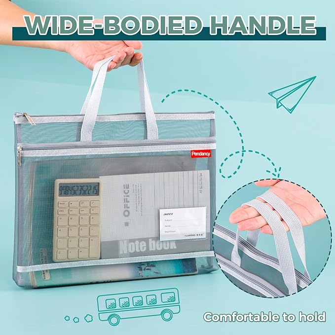 Pendancy Mesh Zipper Pouch A4 Size, Large Double Pocket Lightweight Nylon Transparent File Bag with Handle, 11x13.8 in Foldable Document Storage for Puzzle Project/Cross Stitch/Travel/Office (White)