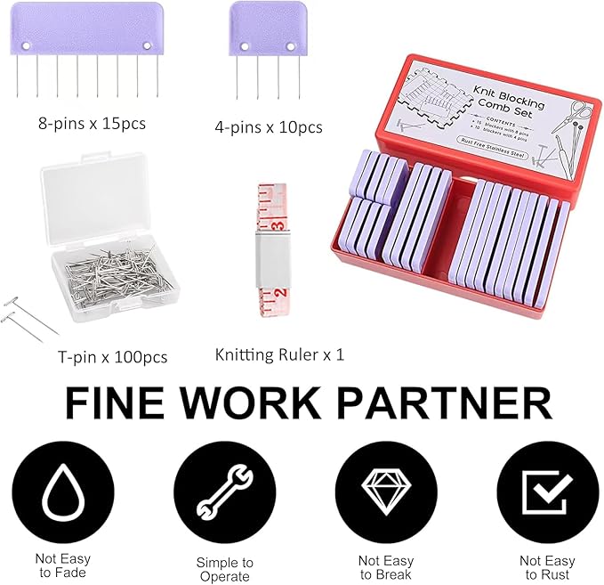 Mevome 25pcs Knit Blocking Pins Kit, White Blockers Combs 100 T-pins & Ruler for Knitting Crochet Projects Lace Needlework Block Tool for Blocking Mats Boards Accessories Device (Blue)