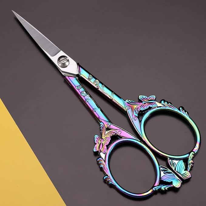 Sewing Embroidery Scissors – Small Vintage Sharp Detail Shears for Craft, Artwork, Needlework Yarn, Handicraft DIY Tool, Thread Snips, 4.7in Rainbow Butterfly Style