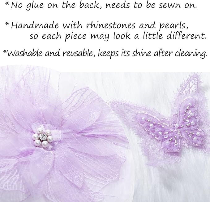 6 Pieces 3D Flower Lace Embroidery Butterflies Appliques Pearl Patches for Repairing and Decorating, Sewing Craft Clothing Jeans Jackets Bags (Purple)