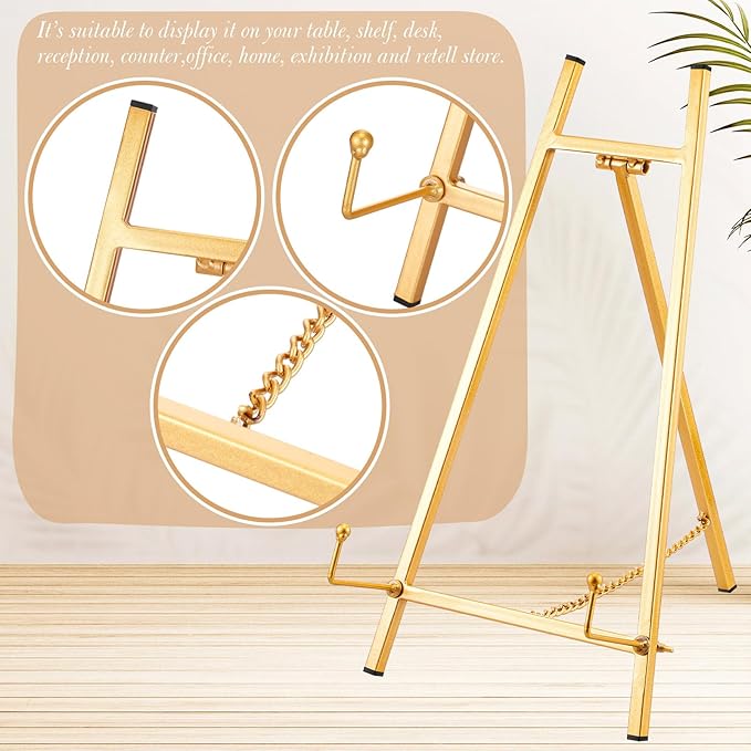 Leinuosen 1 Pcs Metal Easel Stand 16.5" H x 8.7" W x 4.3" D Table Top Easel Stand for Display Tripod Art Picture Mirror Modern Plate Holder for Display Book Photo Wedding Sign (Gold)