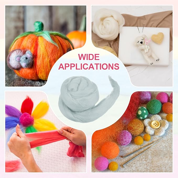 MECCANIXITY Wool Roving Yarn Soft Felting Wool 50g/1.76oz Pure Chunky Roving Yarn for Needle Felting Knitting Blanket Spinning Weaving Art DIY Craft Light Grey