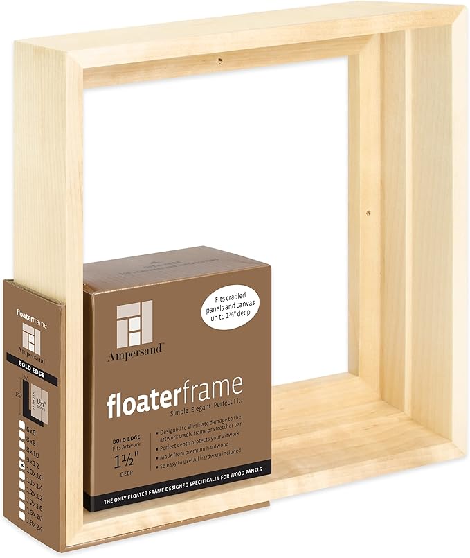 Ampersand Floaterframe Readymade Frame for Flat and 1 1/2" Deep Wood Panel and Canvas Artwork, Paintings, Prints, and More, 10"x10", Maple Bold