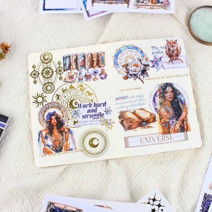 Dwpetzo Astrologer Journaling Sticker Book for Adults, 20 Sheets A5 Precut Transparent PET Washi Paper Materials Stickers for Scrapbooking, Junk Journal Supplies, Planners, Bujo, Collage