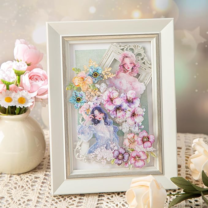 TIAMECH Misty Weaving Flowers PET Stickers - 60 Pcs Dawn Dream & Floral Lace Spring Blossom Design, Waterproof Sticker for Journaling & Scrapbooking, Junk Journal Supplies, Ephemera & DIY Crafts