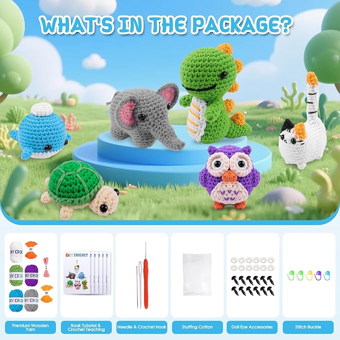 QYGYMXC 6PCS Crochet Kit for Beginners, Knitting Kit with Step-by-Step Video Tutorials, Beginner Crochet Kit for Adults, Crochet Animal Kit for Beginners Kids,Holyday Essentials