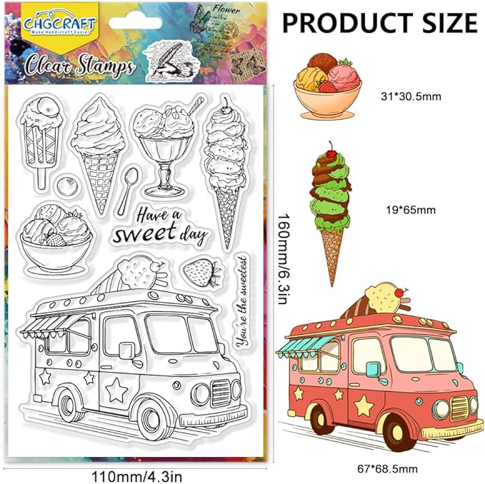 CHGCRAFT Ice Cream Cart Clear Stamps Ice Cream Cone Dessert Transparent Handicraft Stamps for DIY Scrapbooking Photo Album Decorative, 6.3x4.3inch