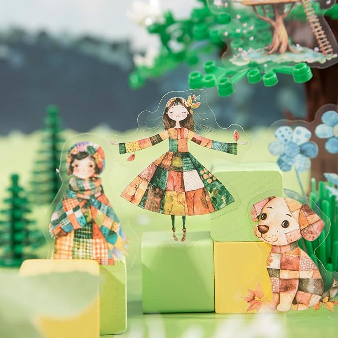 TIAMECH Spliced World PET Stickers - 60 Pcs Window Flower Bloom Plant & Playmates Cottage Girl Design, Waterproof Sticker for Journaling & Scrapbooking, Junk Journal Supplies, Ephemera & DIY Crafts