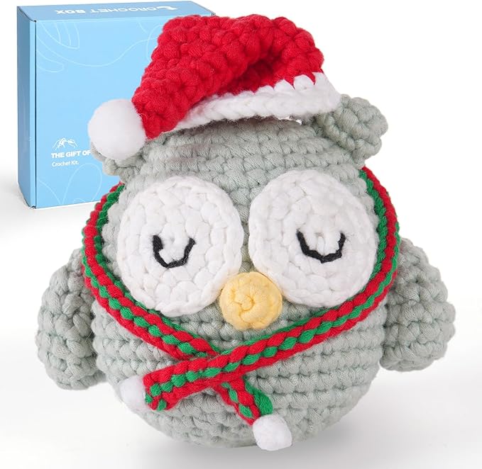 CrochetBox Crochet Kit for Beginners Adults - Christmas Owl Starters Crochet Kit, Beginners Crocheting Kitting for Adults Teen, Craft Gifts with Crochets Yarns, Hook, Step-by-Step Video, Instruction