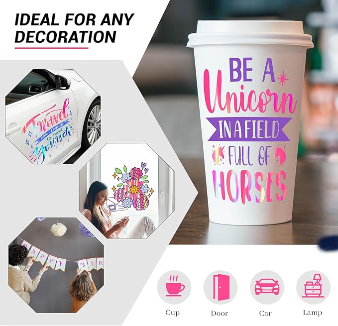 GIRAFVINYL Hot Pink Holographic Vinyl - 12" x 6ft Pink Holographic Permanent Vinyl Roll for DIY Home and Car Decorations, Waterproof