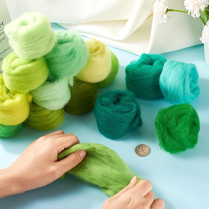 FASHEWELRY 2.6 OZ Nature Wool Roving Set Green Theme Needle Felting Wool Roving 15 Colors Wool Felting Supplies for Needle Felting Wet Felting DIY Hand Spinning