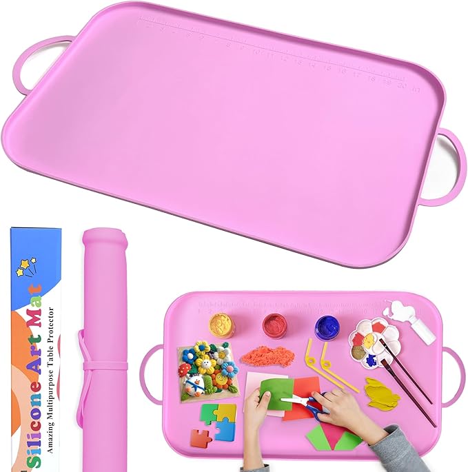 Silicone Craft Station Mat for Kids, Large Silicone Art Mat With Handle, Raised Edges for Painting, Jewelry-Making & Crafts - 26x16in, Pink