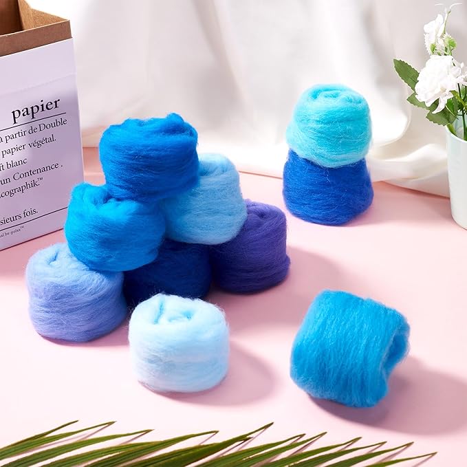 FASHEWELRY 1.76 OZ Wool Felt Kit Blue Theme Needle Felting Wool Roving 10 Colors Nature Wool Roving for Needle Felting Wet Felting DIY Hand Spinning