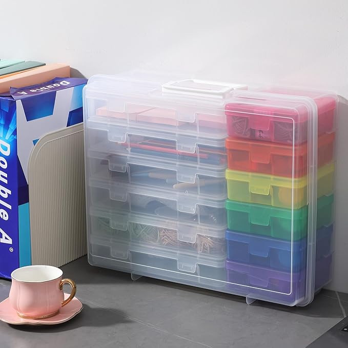 Plastic Storage Boxes & Organizers - Arts & Crafts Storage Boxes with Lids - 6 Medium Clear + 6 Small Color - Modern Style - 15.3"L x 12.5"W x 5.1"H - 18 Count