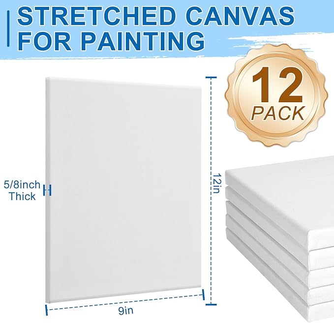 ESRICH Stretched Canvas for Painting, 12 Pack 9x12 Inch Canvas Value Pack,Primed Acid-Free Cotton Blank Canvases, Painting Canvas for Oil & Acrylic Paint.