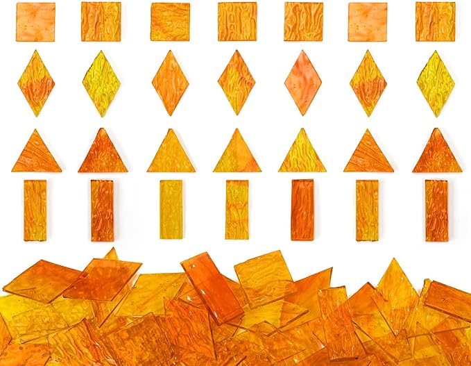 Large Textured Transparent Glass Mosaic Tiles, 200G Vibrant 4 Shapes Stained Pieces for DIY Crafts Bulk, 70pcs for Art Decor, Pumpkin