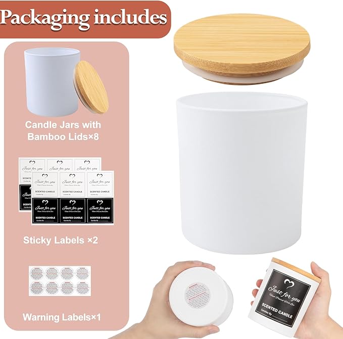 CONNOO 8 Pack 14 OZ Empty White Glass Candle Jars for Making Candles with Bamboo Lids and Sticky Labels, Bulk Candle Jars for Making Candles - Spice, Powder Containers.
