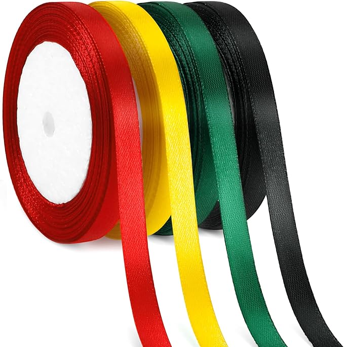 DECYOOL 4 Rolls Black History Month Ribbon Set, Red, Yellow, Green, Black Polyester Wired Ribbons Black History Month Ribbon for Gift Wrapping DIY Crafts Juneteenth and Kwanzaa Decorations