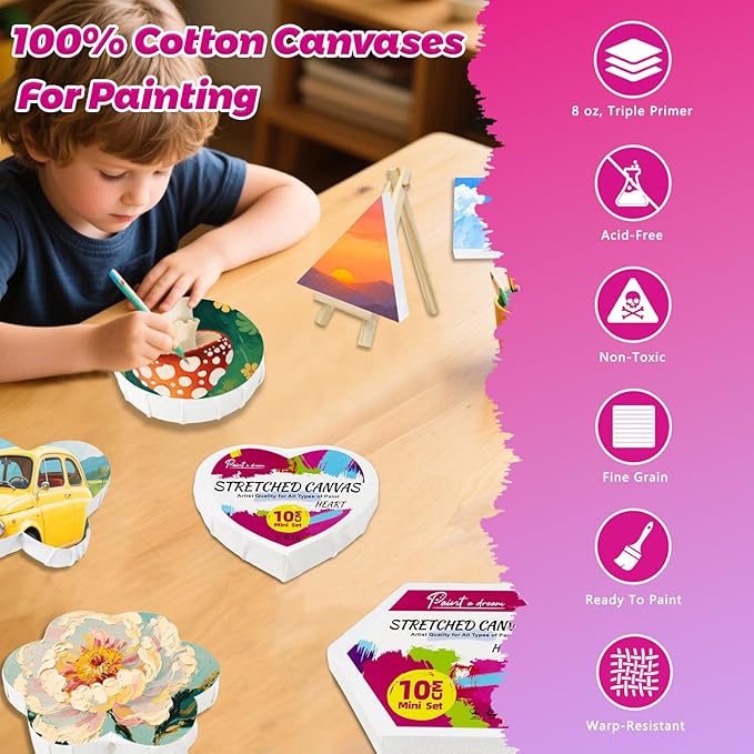 24Pack Stretched Canvas for Painting, 100% Cotton Art Canvases with Easel for Painting, 5/8 Inch Profile 8 Ounce Acid-Free Painting Canvas Supplies for Acrylics,Oils & Other Painting Media - 10cm