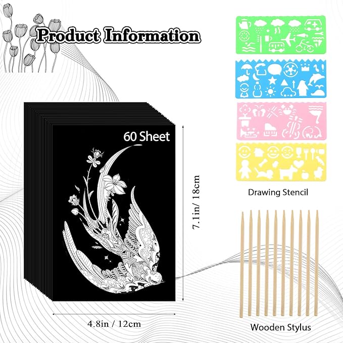 60 Sheets Scratch Paper Art Set, Black Coated Scratchboard Craft Kits, Laser Scratch Paper, Scratch Art Paper for Adult (7.1"x4.8")