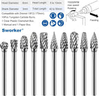 10 Pcs Carbide Burr Set 1/8" Shank Compatible with Dremel Milwaukee Bits Rotary Tools Attachment Kit Rasp Drill File Accessories Metal Wood Stone Steel Grinding Carving Cutting Polishing