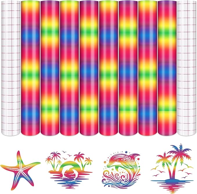 Tintnut Rainbow Permanent Vinyl - 8 Sheets 12"x10"Gradient Patterned Permanent Adhesive Vinyl for Cutting Machine, Home Decor Self Sticker