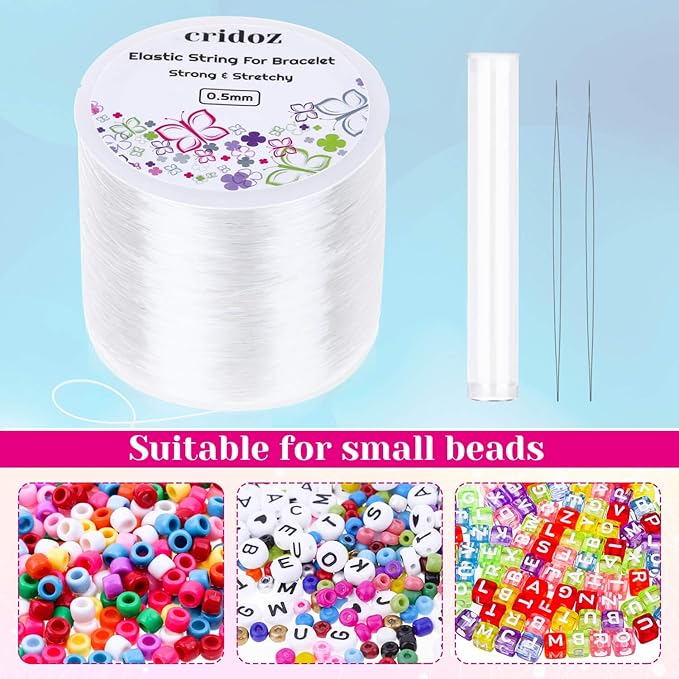 Stretchy String for Bracelets, Cridoz 0.5mm Clear Elastic String Stretch Cord Bracelet String with 2 Pcs Beading Needles for Seed Beads, Pony Beads, Bracelets and Jewelry Making