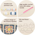 Noocro Crochet Kit Granny Square Tissue Holder, Complete DIY Kit with Detailed Instructions, Video Tutorials, for Beginners or Intermediate and Advanced Crocheters
