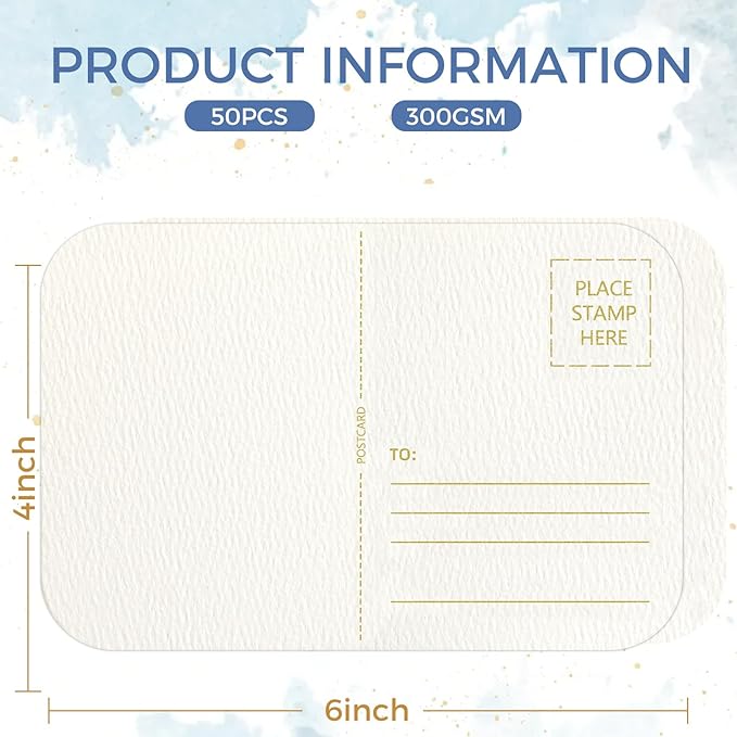 50 Cards Watercolor Postcards Blank 4 x 6 inch,140lb/300gsm, Acid-Free Heavyweight Art Paper with Hot Stamping Font Technology for Painting, DIY, Mailing, Invitations, Greeting Cards