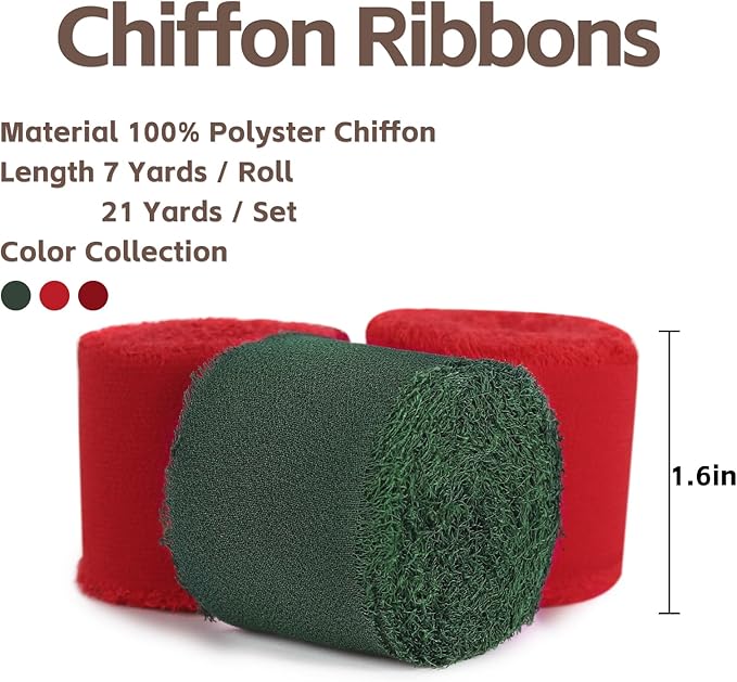 3 Rolls Christmas Handmade Fringe Chiffon Ribbon 1.5 Inch x 7 Yard Silk-Like Colorful Rustic Ribbon for Bouquets Wrapping Decor Wedding Tie Invitations Crafts