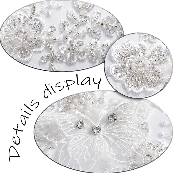 Flower Pearl Fabric Rhinestones Beaded Lace Applique,3D Butterfly Embroidered Lace Patch for Clothes,Dress (White)