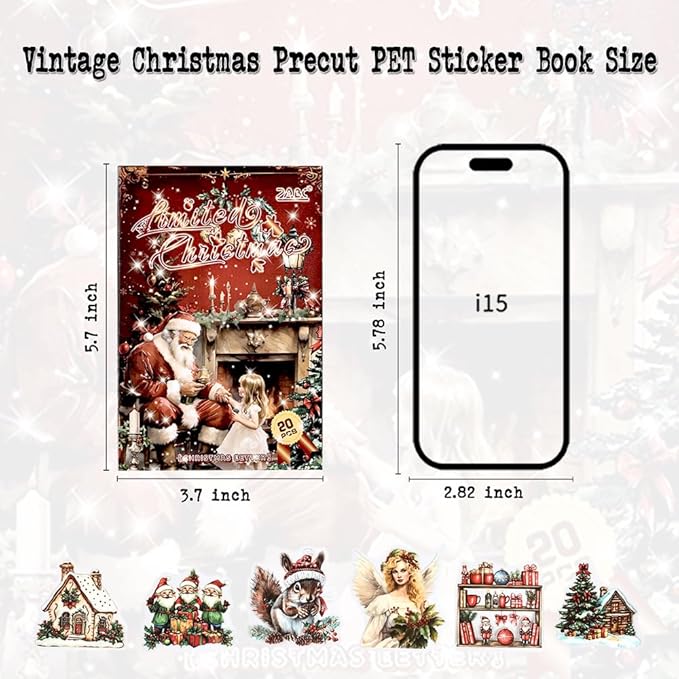Vintage Christmas Scrapbook Stickers for Scrapbooking Supplies, 20 Sheets Precut PET Sticker Book for Journaling, Junk Journals, Collage, Card Making, Bujo, Crafts Arts
