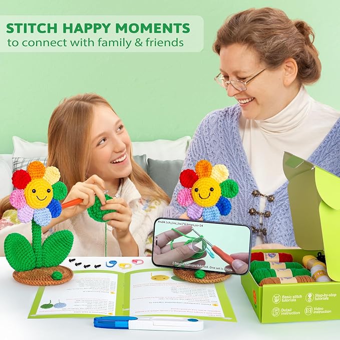 Crochetta Crochet Kit for Beginners, Crochet Kit w Step-by-Step Video Tutorials, Crochet Starter Kit Learn to Crochet Kits for Adults Kids Beginners, 2 Sunflower Phone Holders (40%+ Yarn Content)