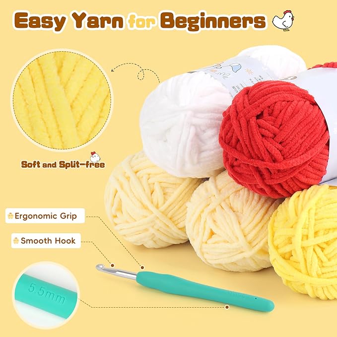 Coopay Crochet Kit for Beginners, Egg-Laying Mama Hen, Easy Chicken Crochet Kit, Chenille Yarn, Step-by-Step Video Tutorial, Cute Crochet Animals Kit for Adults, Chrismas Gifts, 1 Chicken+3 Eggs