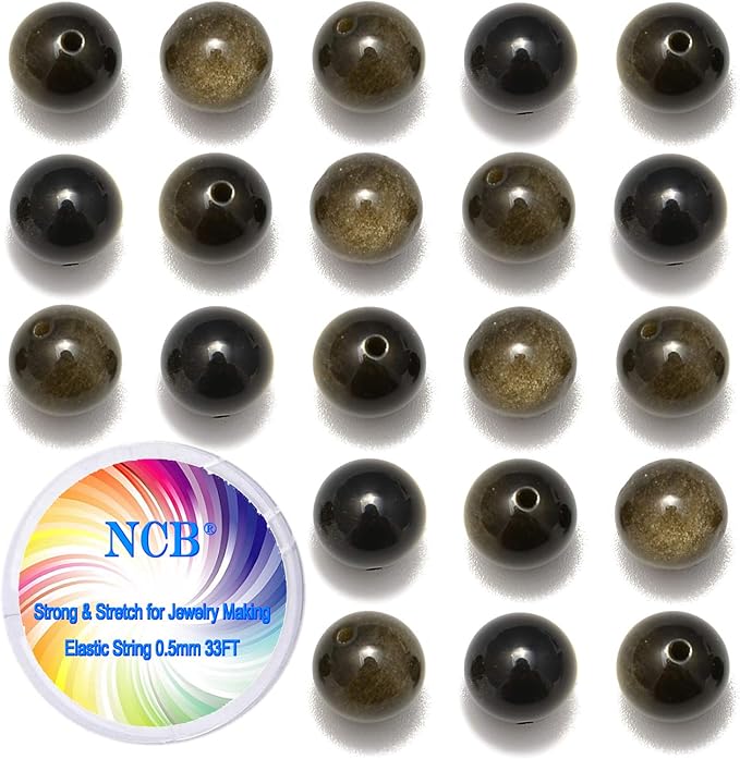 NCB 100pcs 8mm Black Golden Obsidian Beads Natural Semi Precious Beads Round Smooth Gemstones Loose Spacer Beads Charms for Necklaces Bracelets Jewelry Making (Black Golden Obsidian, 8mm 100Beads)