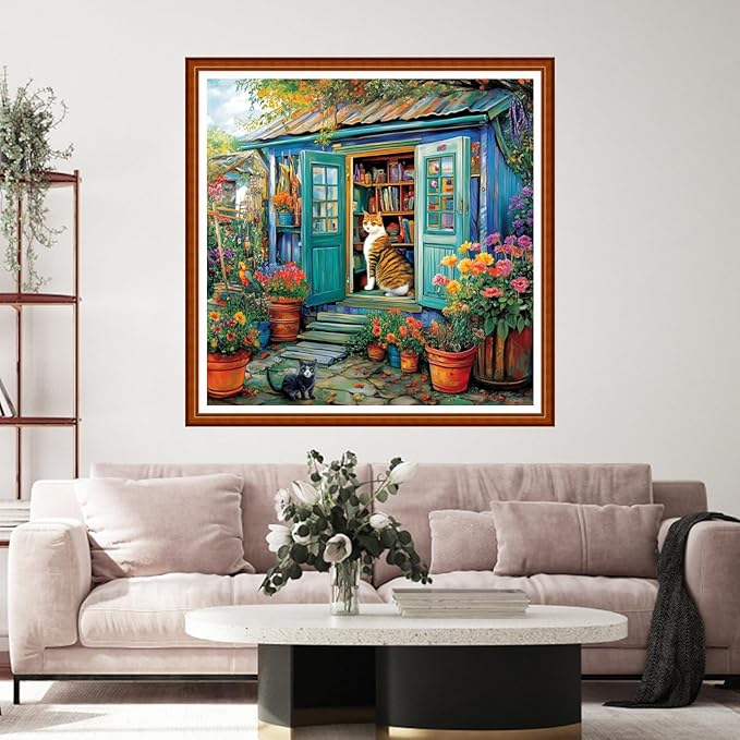 Funart Stamped Cross Stitch Kits for Beginners Full Range of Cross Stitching Preprinted Embroidery Kits for Adults, 11CT Embroidery Pattern Needlepoint Kits-Garden Cat 18x18 inch