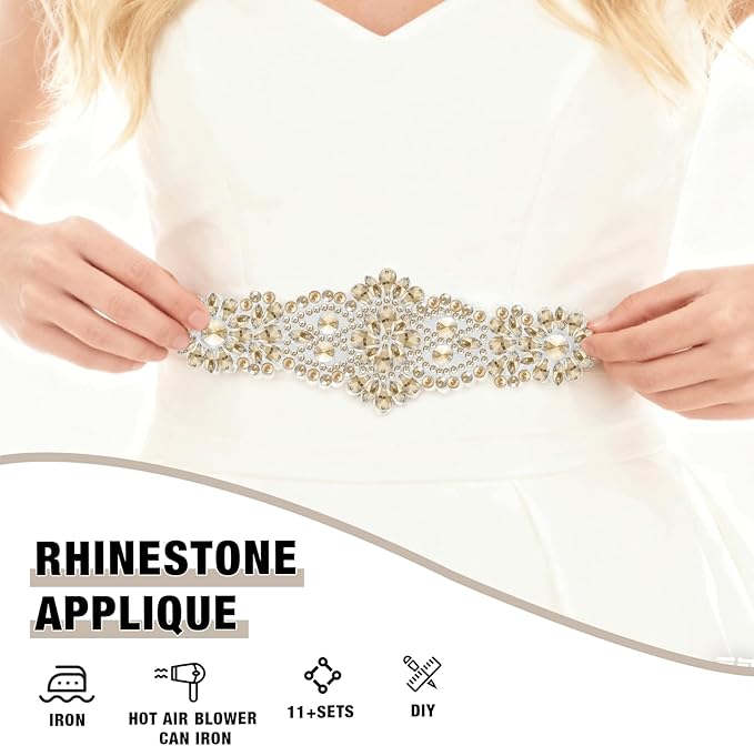 PEARLY JUN 11 Pcs Gold Rhinestone Applique Patches Pearl Rhinestone Patches Iron on Appliques for Dresses Hand Sewing Craft Projects DIY Wedding Clothes Shoes Hats Bags Embellishments